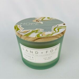 NWT Sand + Fog Ocean & Sea Salt Candle 2 Wick 12oz Blue Jar “Hope” Wood Lid